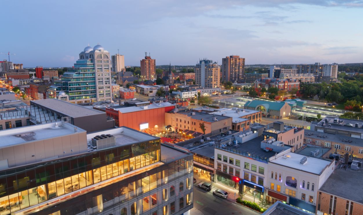 Kitchener, Ontario, Canada downtown cityscape at dusk.