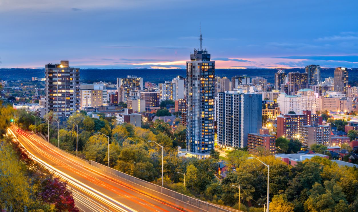Hamilton, Ontario, Canada downtown city skyline at blue hour.