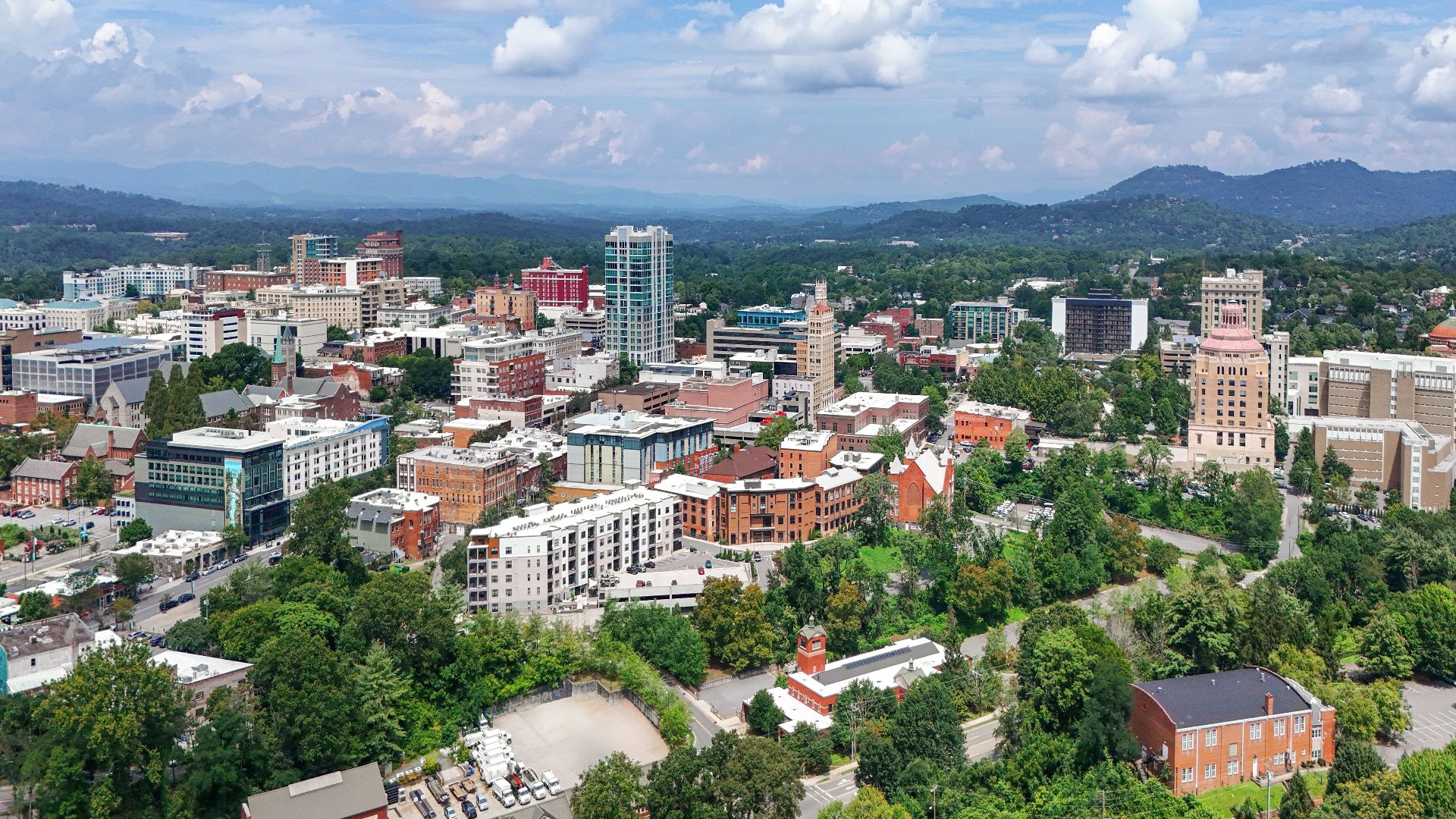 Aerial view of downtown Asheville, North Carolina, a city of 94,589 residents in the Blue Ridge Mountains of western North Carolina.