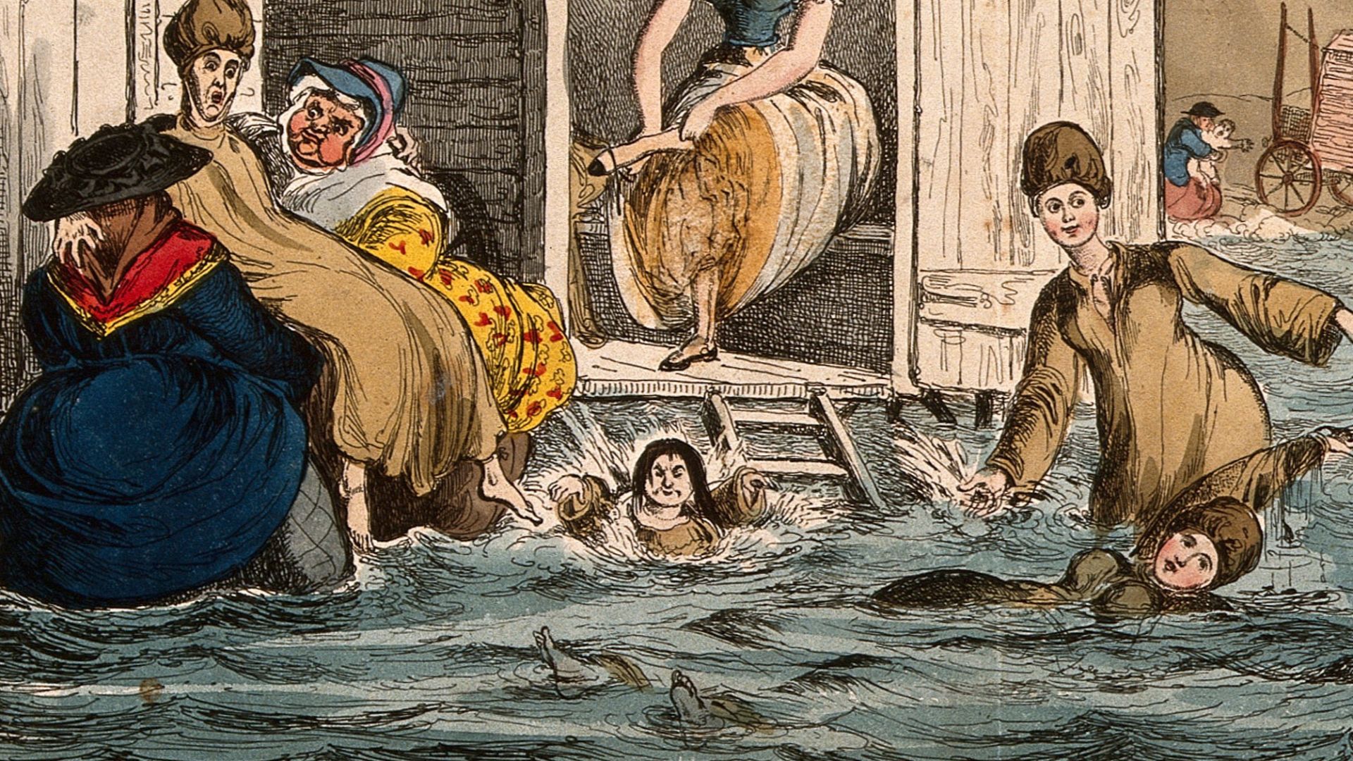 Humorous image of society ladies trying to swim, Brighton. Coloured etching by W. Heath after himself.
Iconographic Collections
Keywords: William Heath
