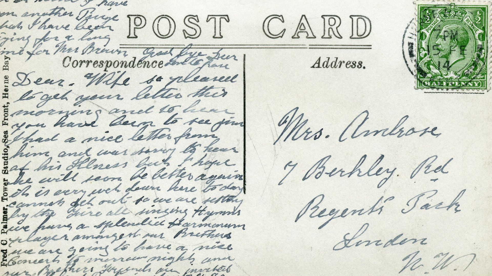 Reverse of postcard postmarked 15 February 1914 showing the Hampton Pier Inn (now the Hampton Inn), Hampton-on-Sea, Herne Bay, Kent, England. 
On the back, a Quaker husband is writing from Herne Bay to his wife in London:
Dear Wife.  So pleased to get you