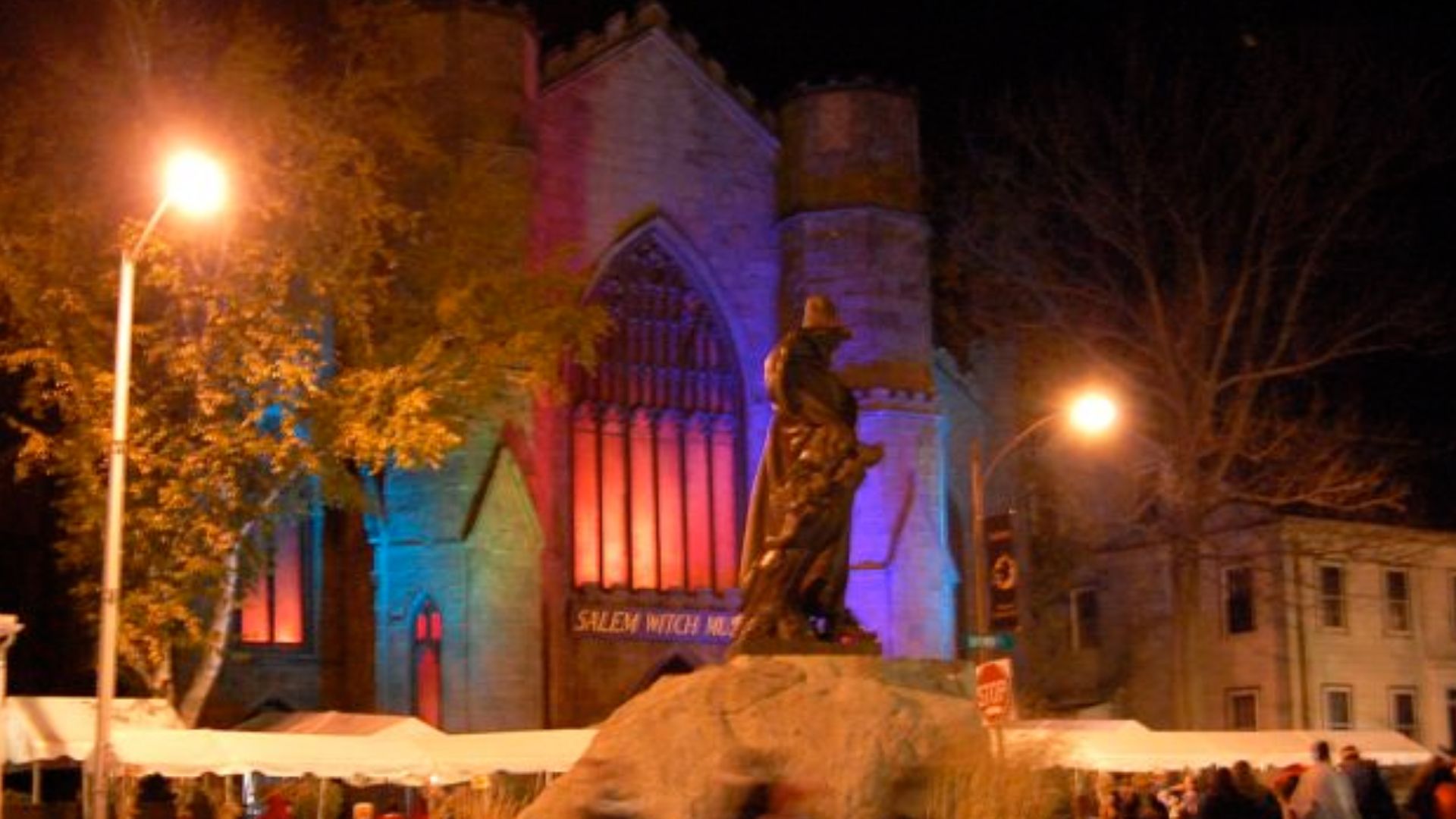 Salem is packed with people on Halloween.  Shown is the front of the Witch Museum on Salem Common.