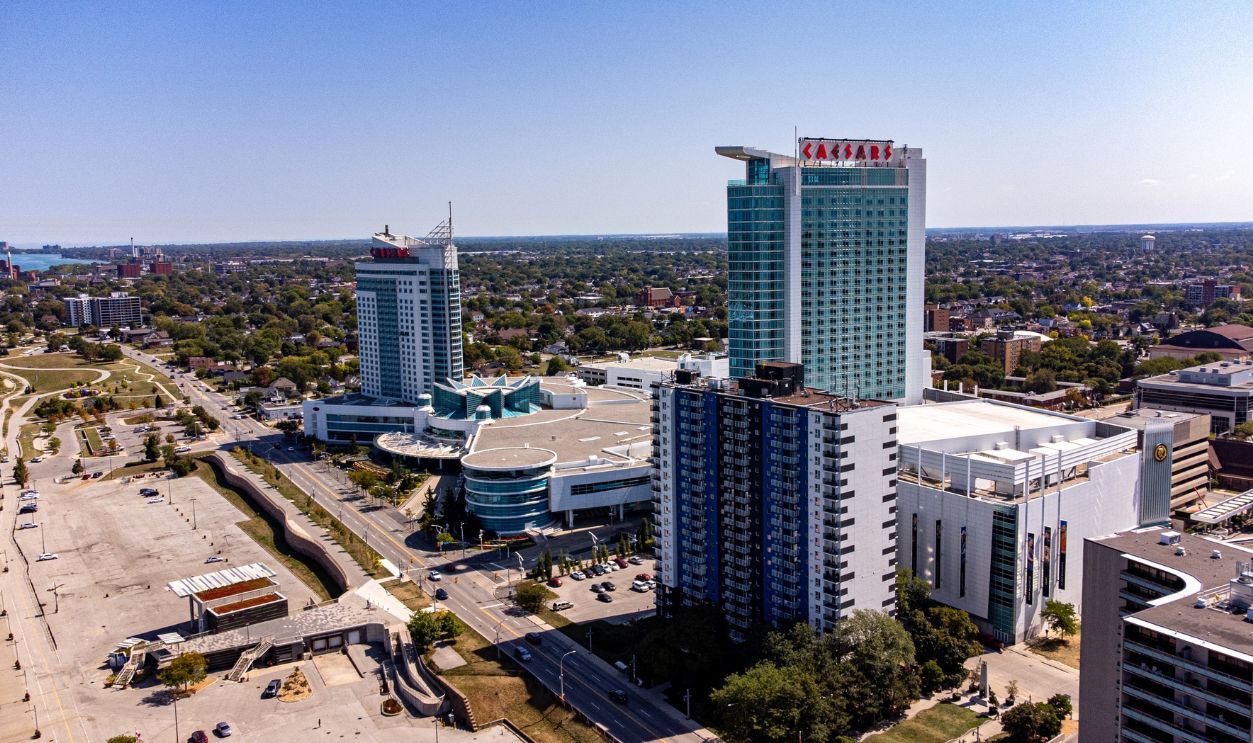 Aerial view of Caesars Windsor Hotel and Casino. Windsor, Canada - September 11, 2025.