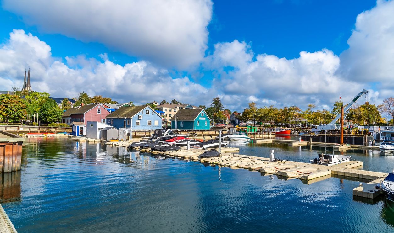 A view towards the shore at the marina in Charlottetown, Prince Edward Island, Canada in the fall