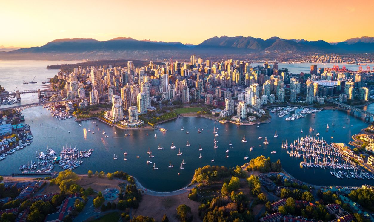 Beautiful aerial view of downtown Vancouver skyline, British Columbia, Canada at sunset