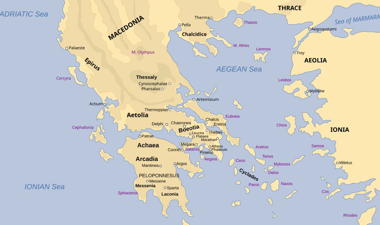 Map of Classical Greece. New version based on an earlier Wikimedia Commons vector map derived from a public-domain raster map by the United States Military Academy Department of History. Some spelling errors present in the original source have been intentionally retained for fidelity to the source.