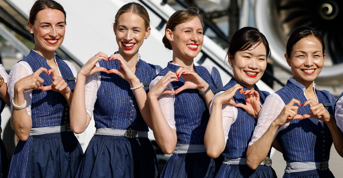 Lufthansa crew members dressed in traditional Bavarian Lederhosen and Dirndl clothes