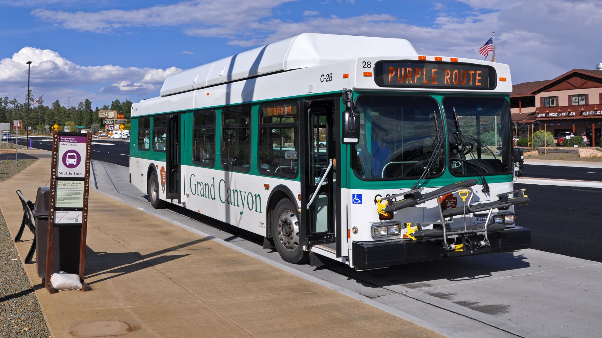 The first inbound stop of the Tusayan Shuttle is at the Imax Theater/ RP's stop. NPS photo by Carl Bowman.