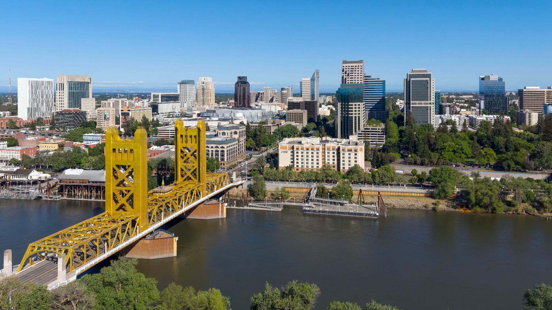 The skyline of downtown Sacramento (pop. 524,943), the capital city of California.