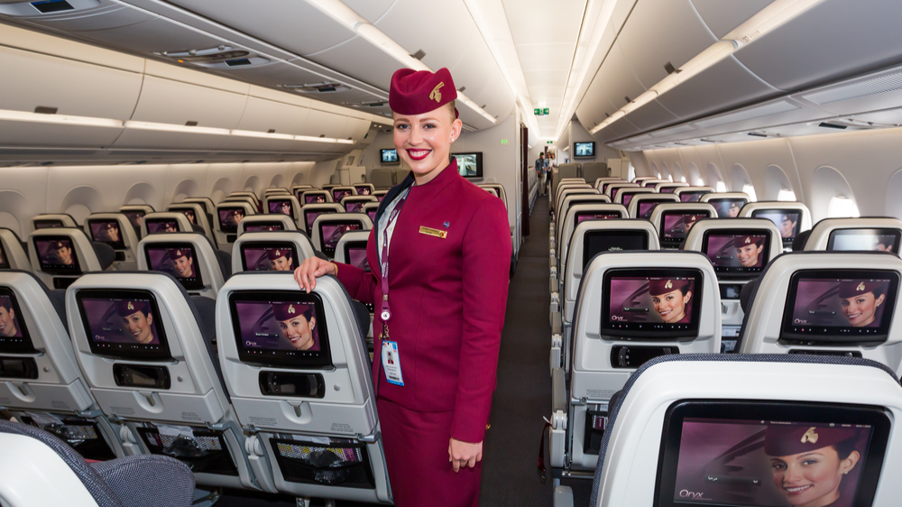 Qatar Airways Airbus A350 cabin crew member, flight attendant.
