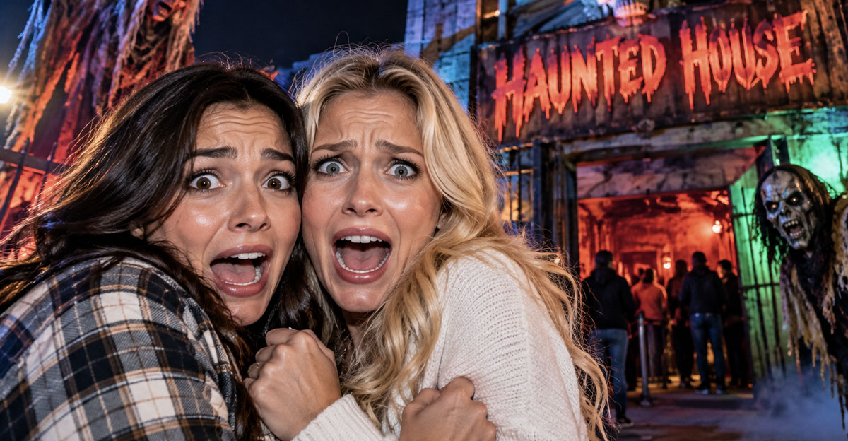 Two scared woman outside a haunted house
