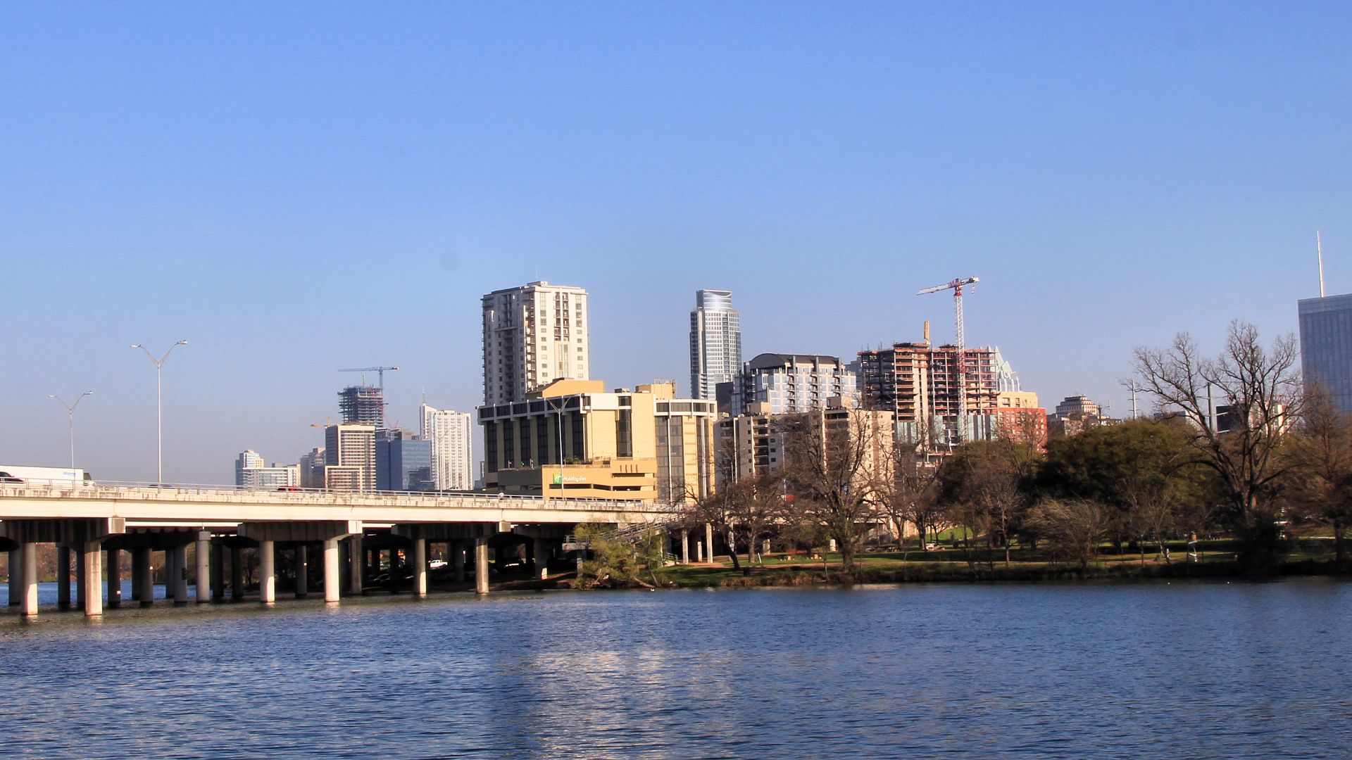 Downtown Austin, Texas, United States in 2018 viewed from the south side of Lady Bird Lake east of Interstate Highway 35.