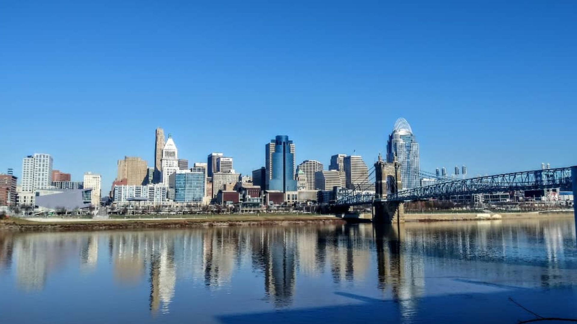 Cincinnati, Ohio, and the Ohio River in December 2021 taken from Covington, Kentucky, outside of the Embassy Suit