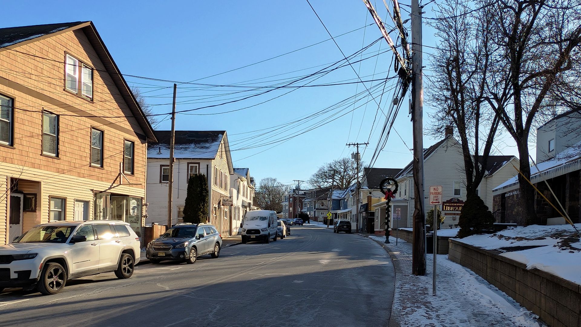 Photo of southbound County Route 634 (South Main Street) in Wharton, New Jersey. Photo taken looking south between Central Avenue and Mill Street.