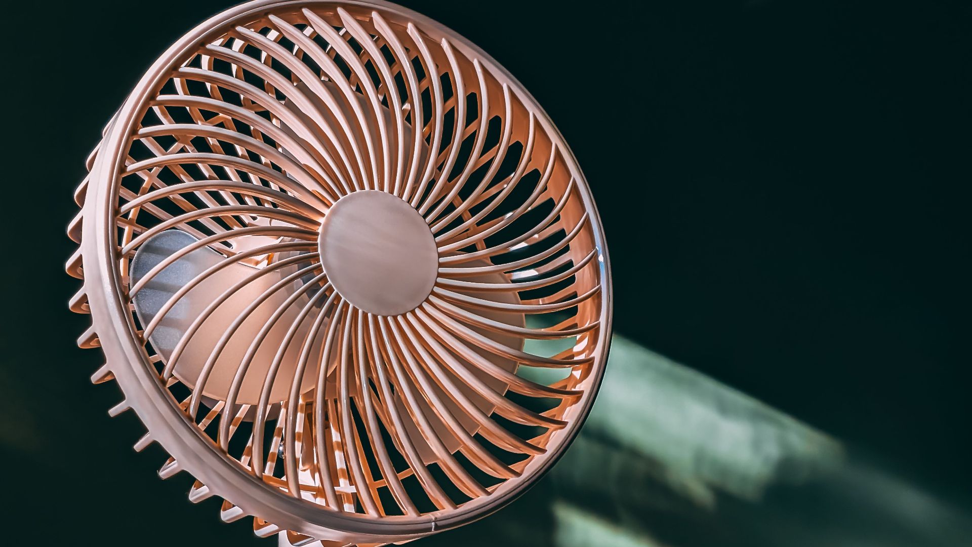 A modern pink desk fan in soft focus against a dark backdrop with sunlit highlights.