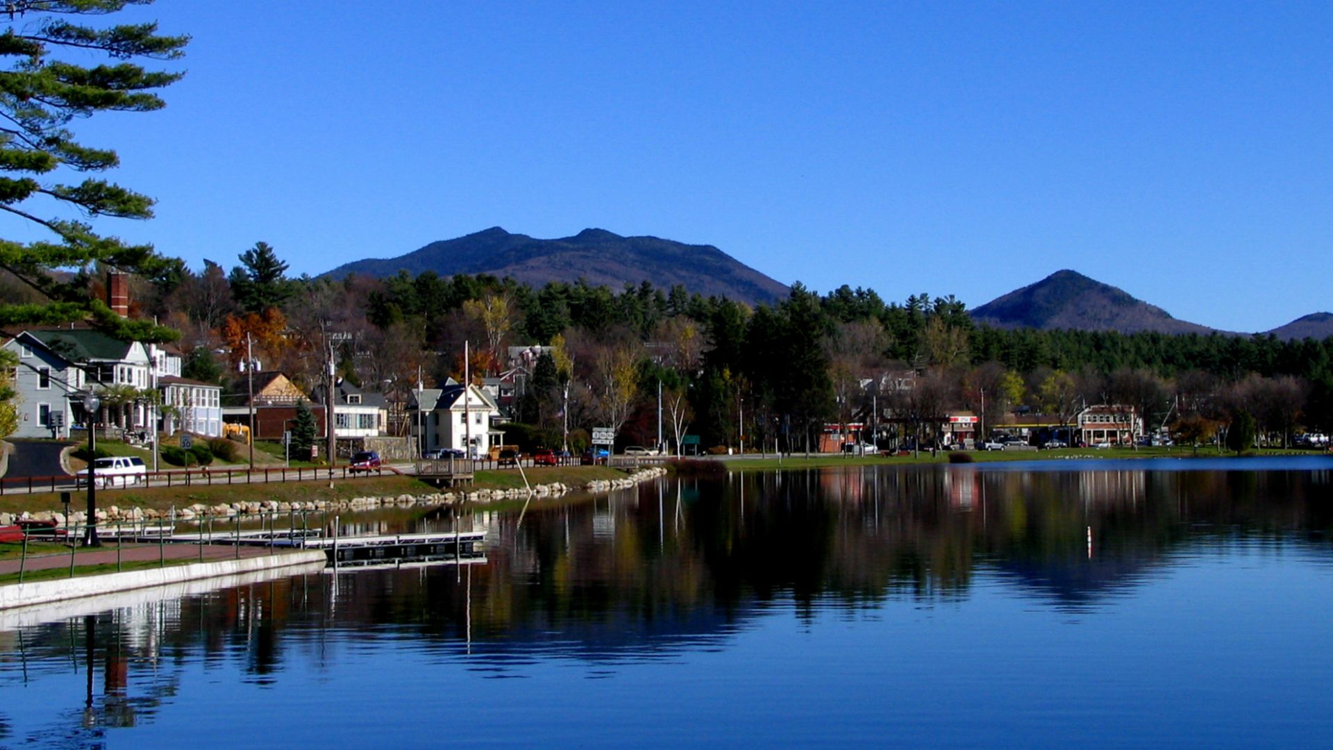 McKenzie Mountain (left) and Haystack Mountain from Lake Flower in Saranac Lake, New York.