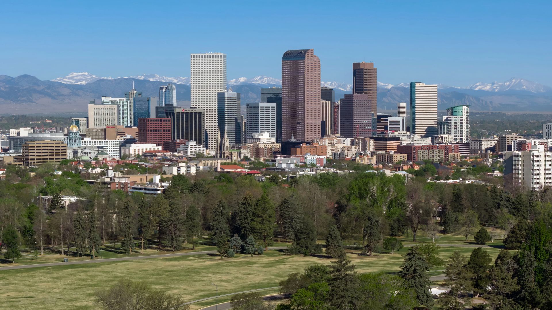 Skyline of Denver, Colorado, the 19th-most populous city in the United States (715,522).