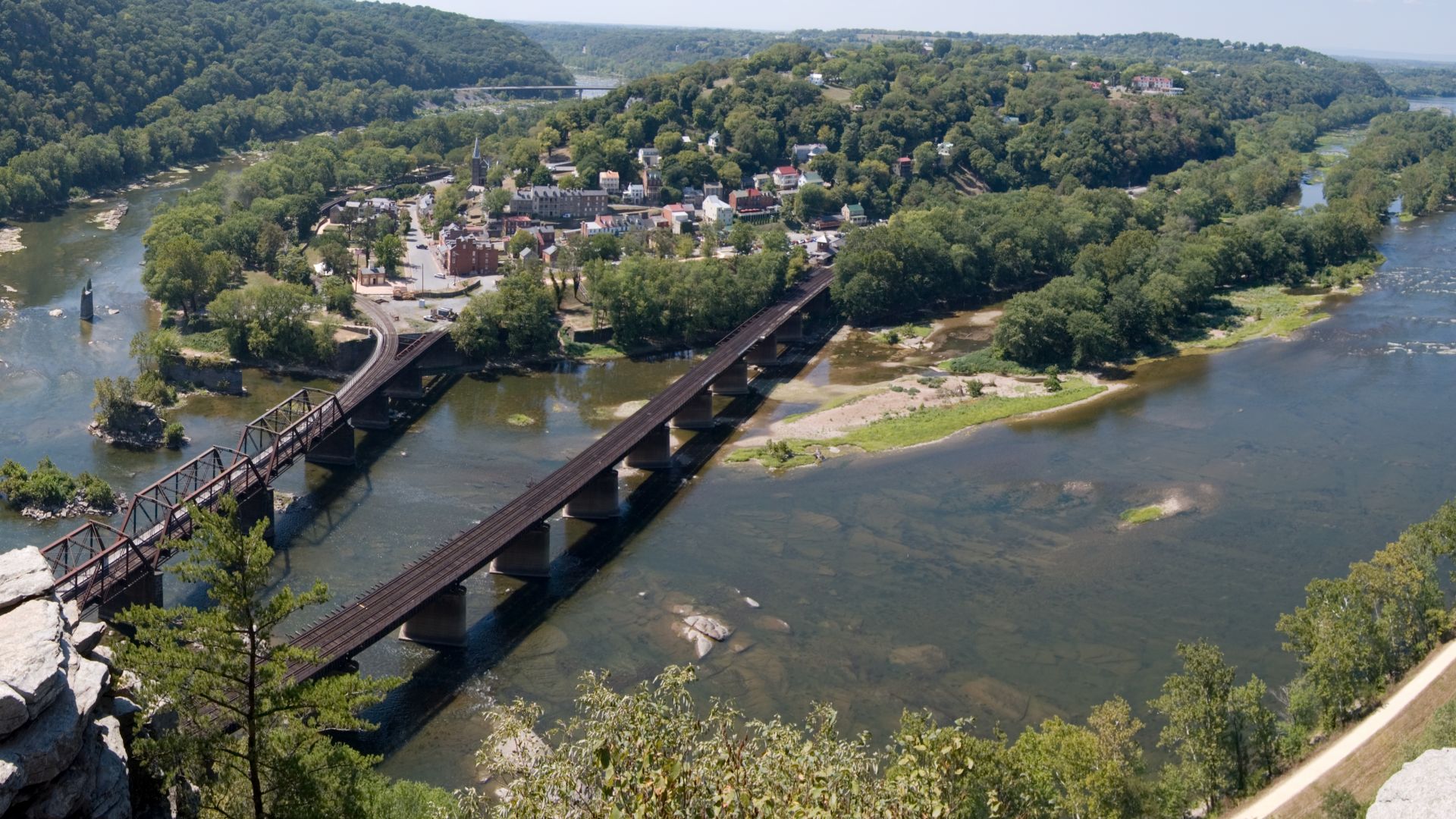 Panoramic view of Harpers Ferry from Maryland Heights, with the Shenandoah (left) and Potomac (right) rivers. (This is a cropped version, excluding the non-rectangular border which resulted from stitching.)