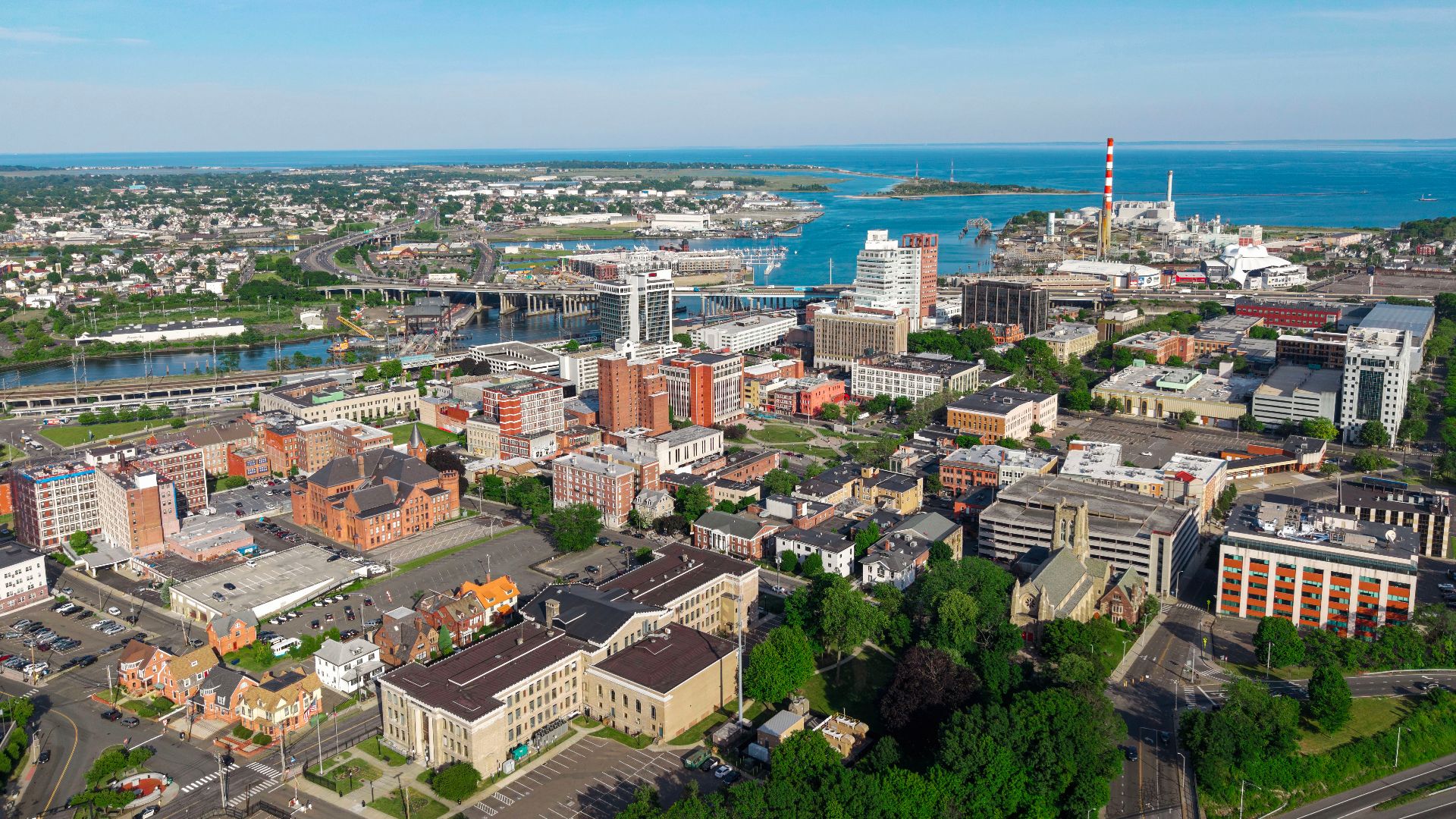 Aerial view of downtown Bridgeport, Connecticut, the 5th-most populous city in New England (pop. 148,654).
