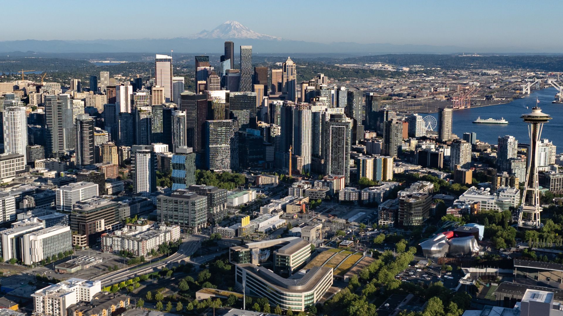 Drone photo of Downtown Seattle, as seen from above Queen Anne Hill