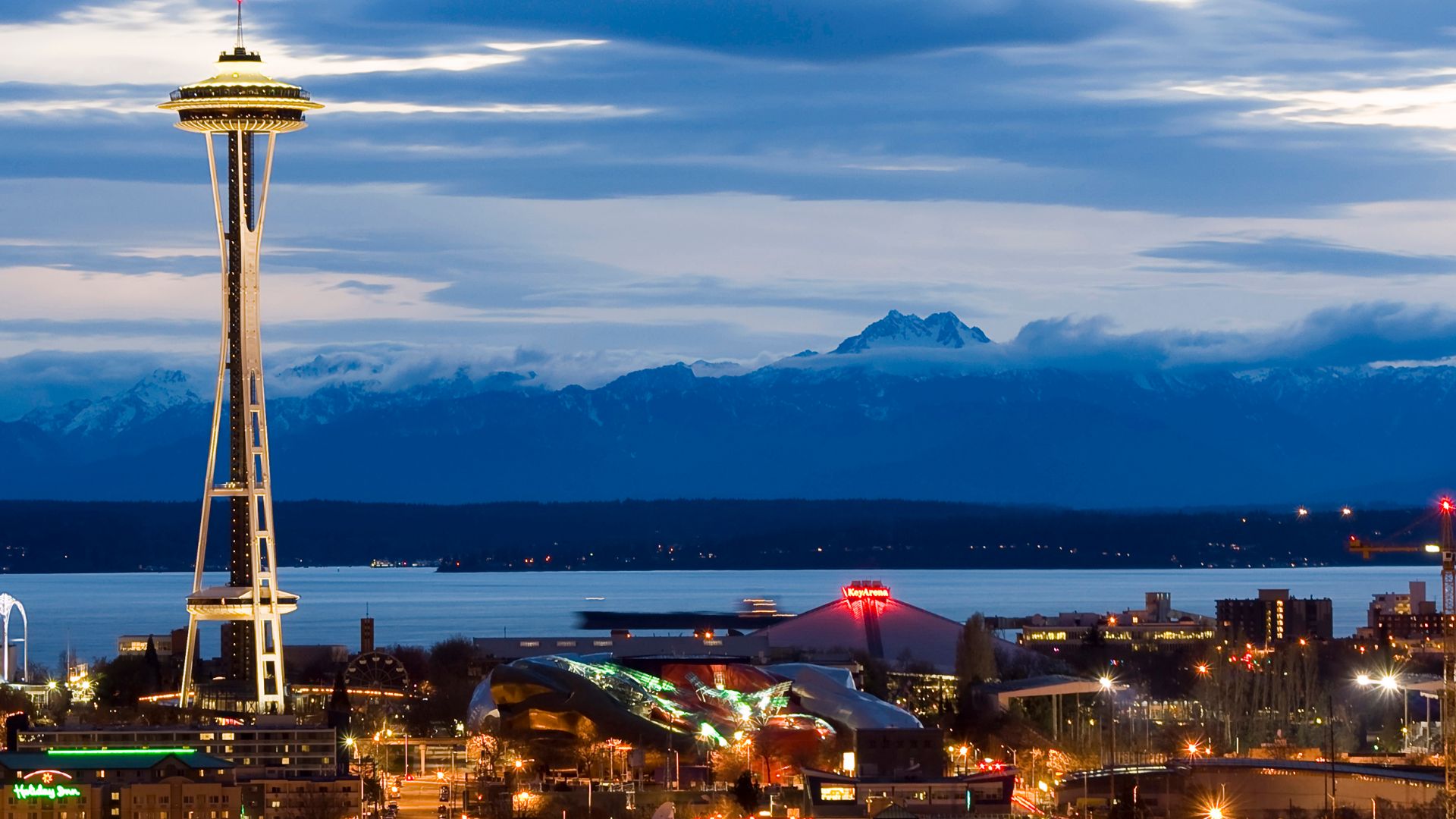 Seattle Center as night falls.