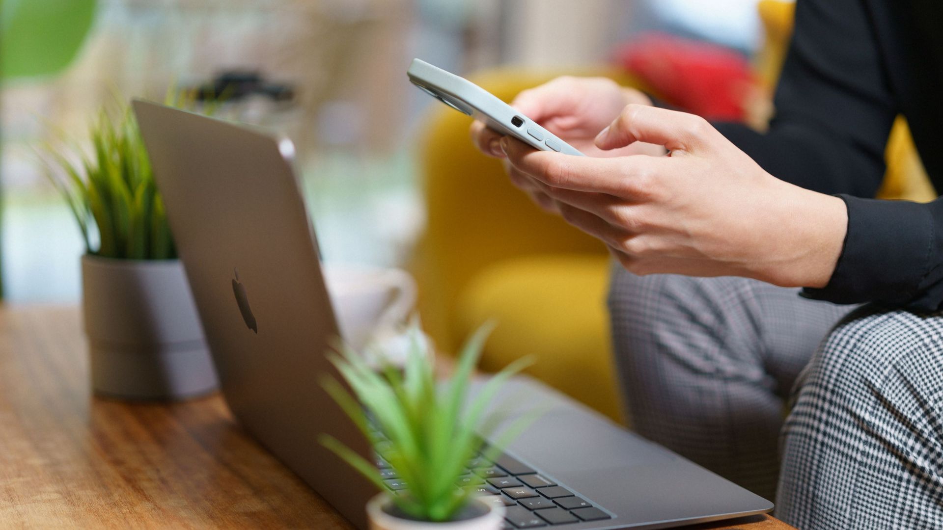 A person working on a smartphone and laptop at home with plants nearby.