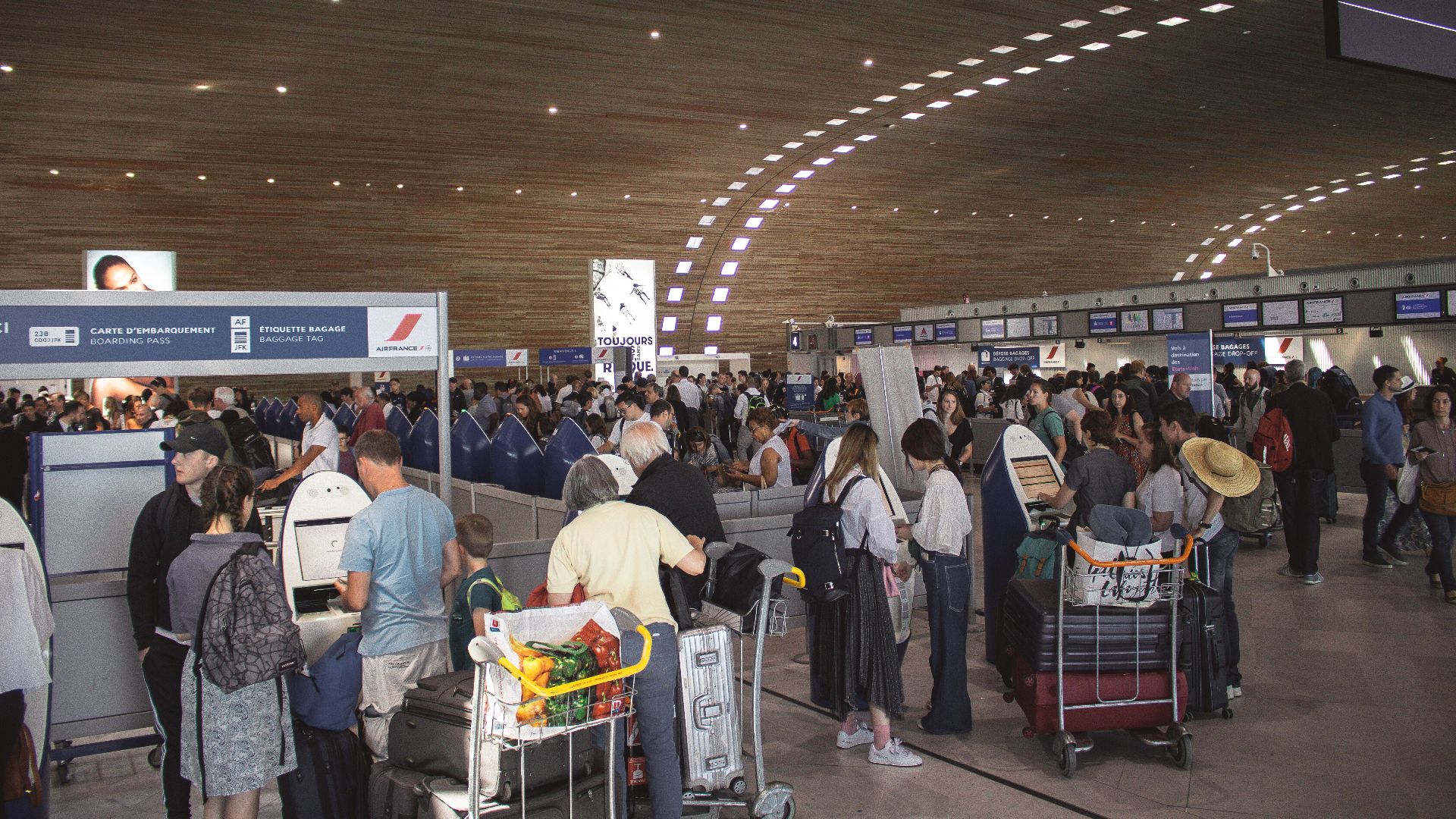 Crowded airport terminal with travellers in line. Indoor setting with modern architecture.