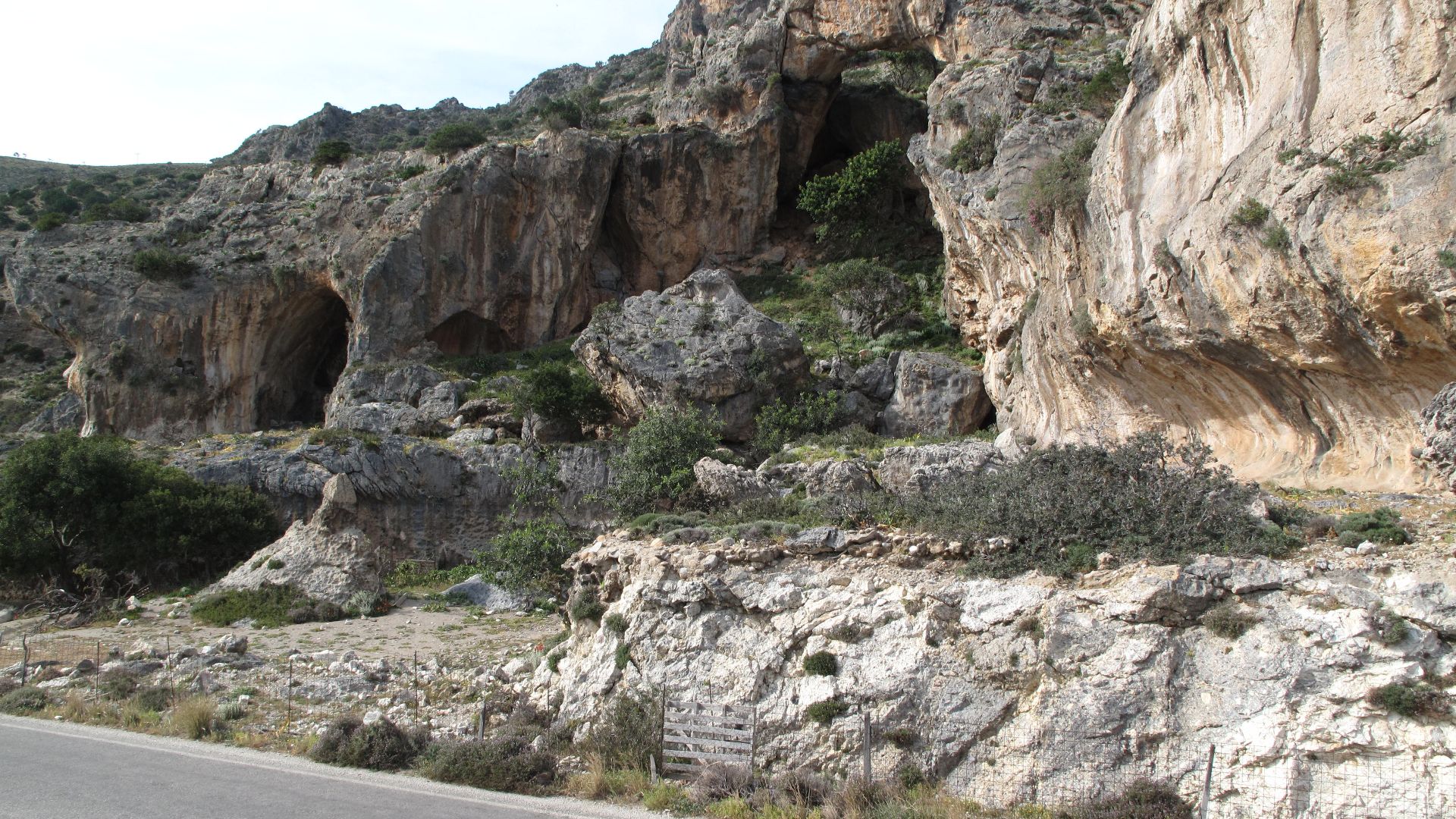 View of a raised beach with wavecut notch and sea caves uplifted by about 9 m during the 365 AD Crete earthquake, at West Kalamia, about 2 km west of Paleochora. The beach deposit of well-rounded pebbles is covered by calcareous algal reefs, radiocarbon d