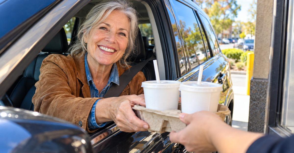 AI-generated image of a woman at a drive-thru window