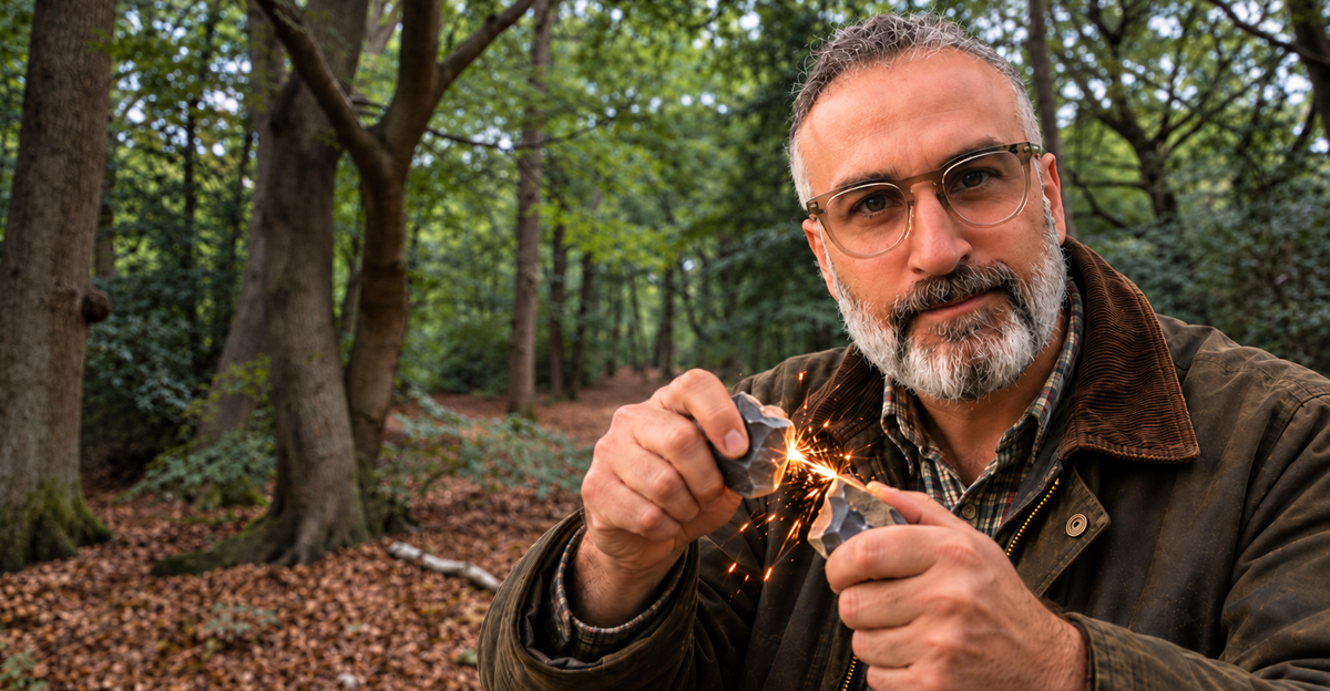 AI-generated image of archaeologist striking stones in woodland