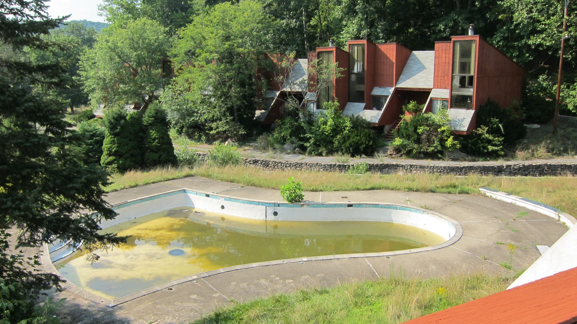 View of the Penn Hills Resort pool, shaped like a wedding bell, suffering neglect after the resort was abandoned. August, 2012