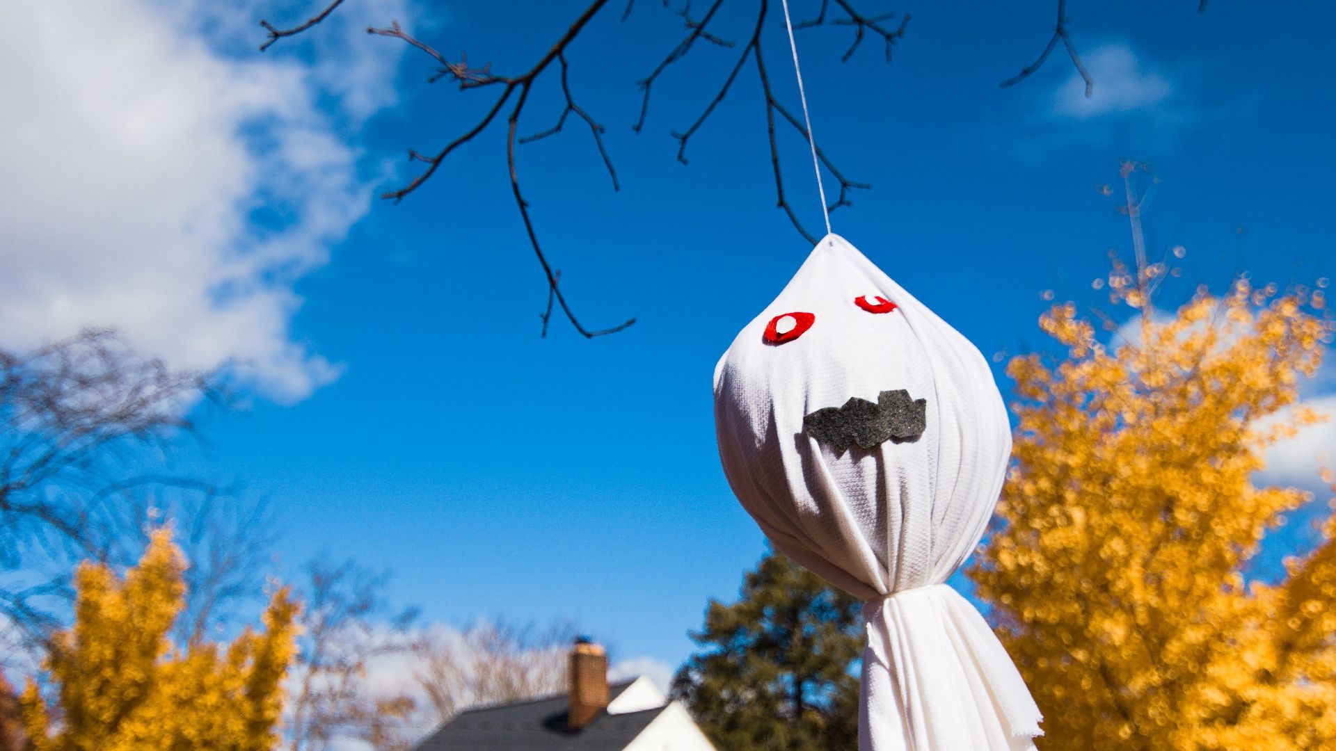 Ghost decoration hanging in a vibrant autumn yard in front of a suburban house.