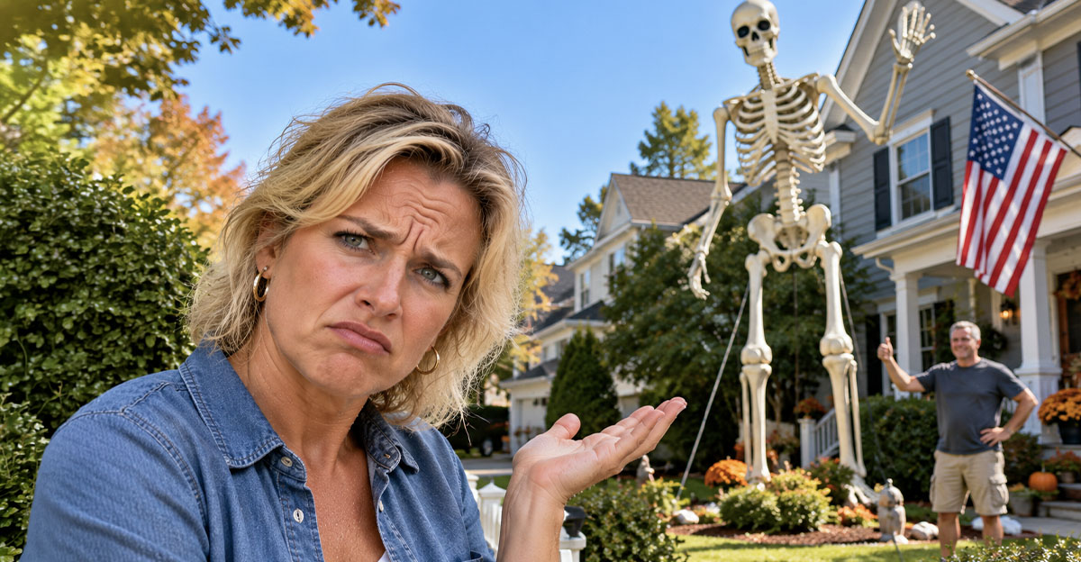 Annoyed blonde woman with a large skeleton