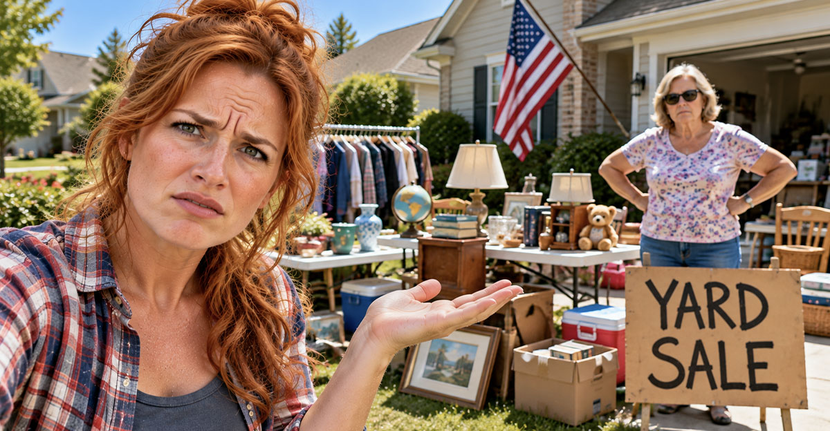 Confused woman at a yard sale