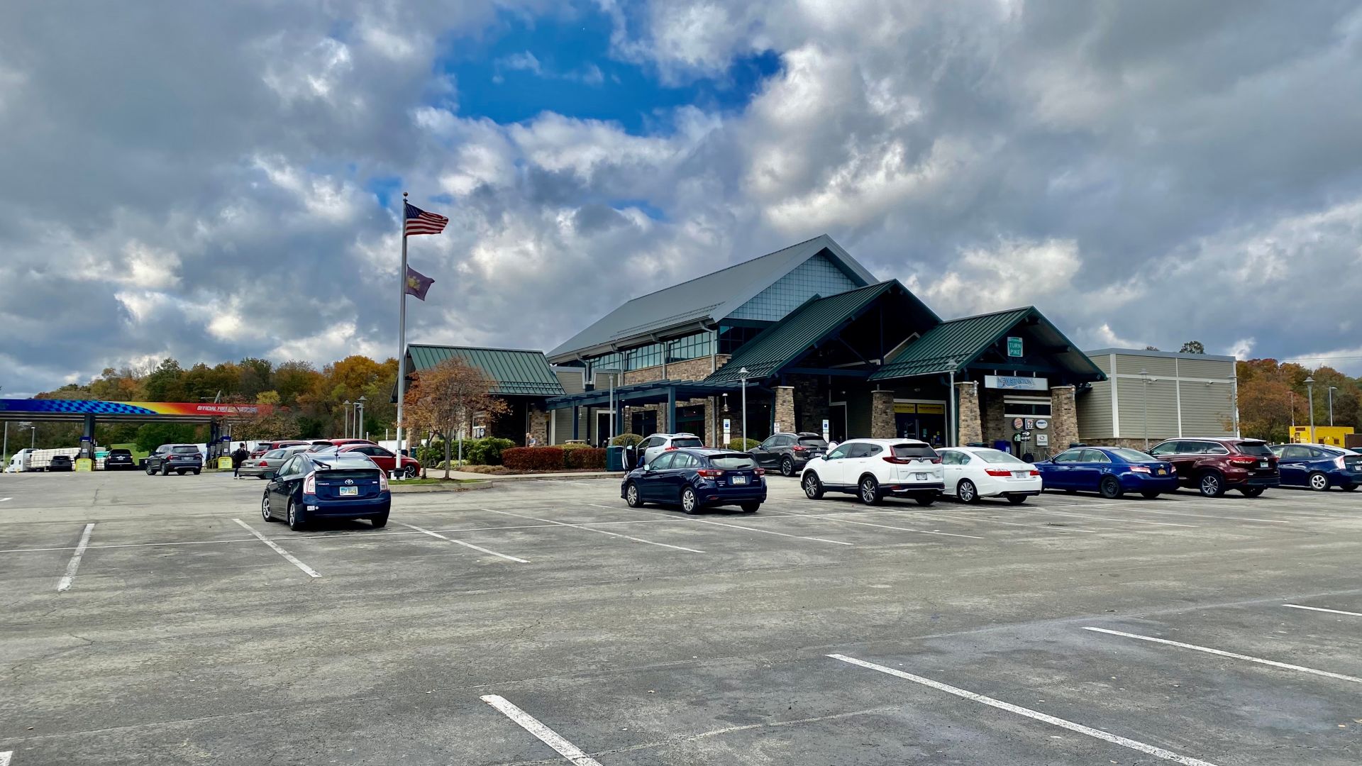 An exterior view of the New Stanton Service Plaza, serving westbound traffic on the Pennsylvania Turnpike at Hempfield Township, Westmoreland County, Pennsylvania, as seen in October 2021.