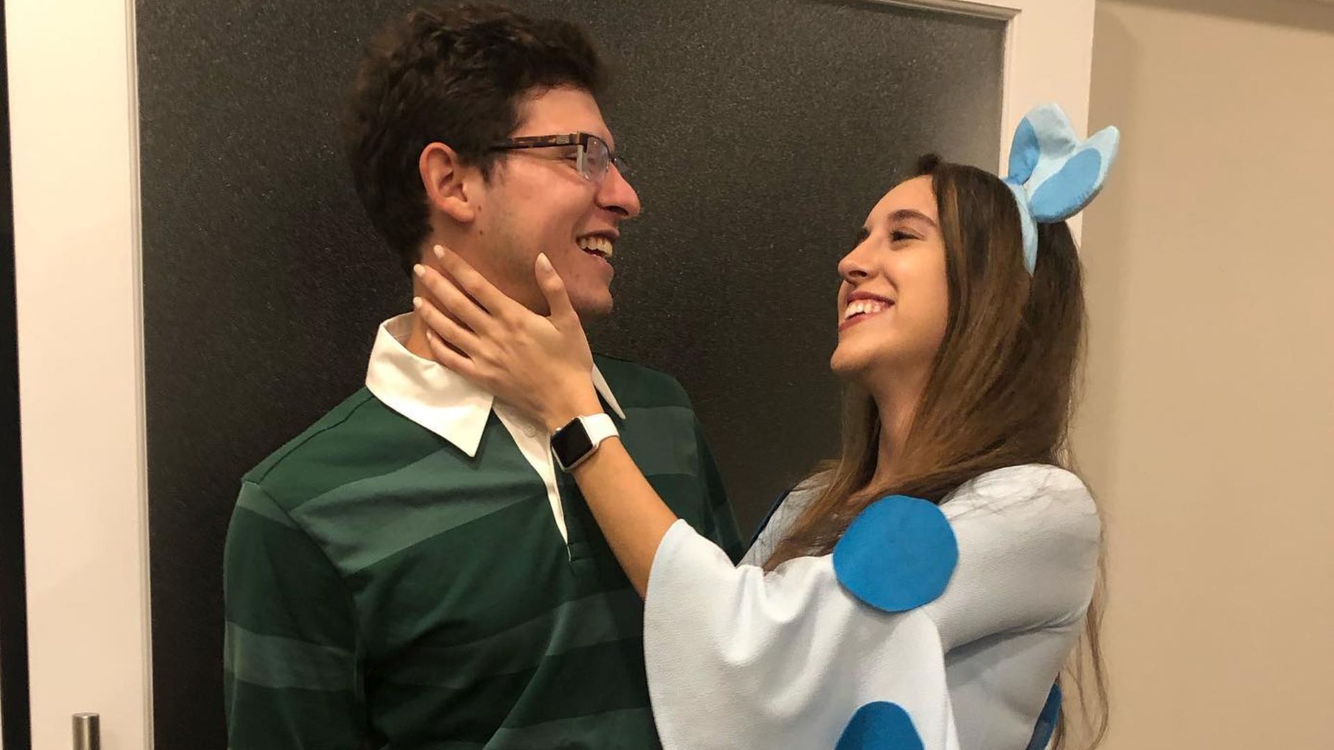 A Halloween costume, with people dressed as Blue and Steve from children's television series Blues Clues.