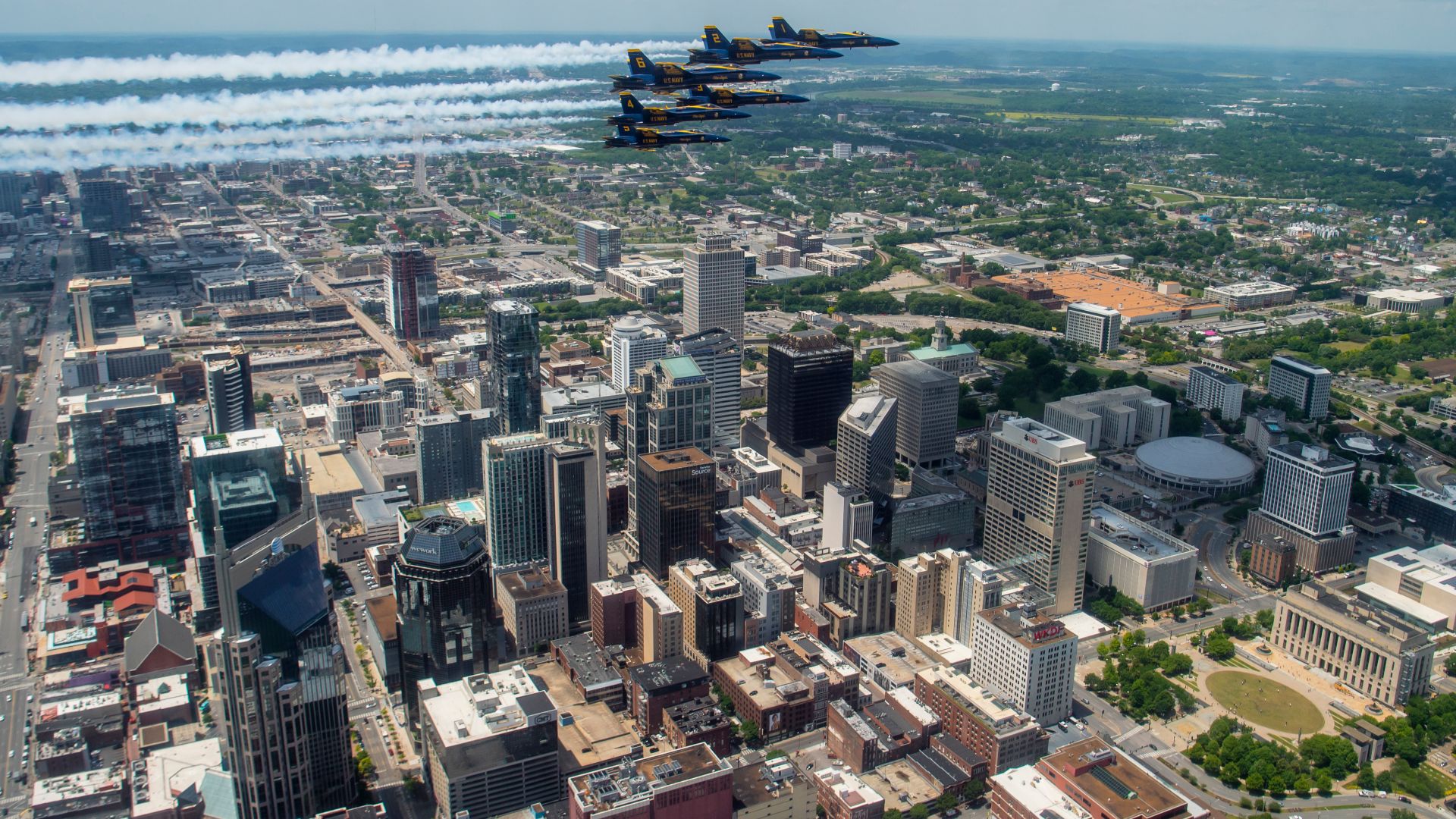 NASHVILLE (May 14, 2020) The U.S. Navy Flight Demonstration Squadron, the Blue Angels honored frontline COVID-19 first responders and essential workers with formation flights over Nashville and Little Rock on May 14, 2020. (U.S. Navy photo by Mass Communi