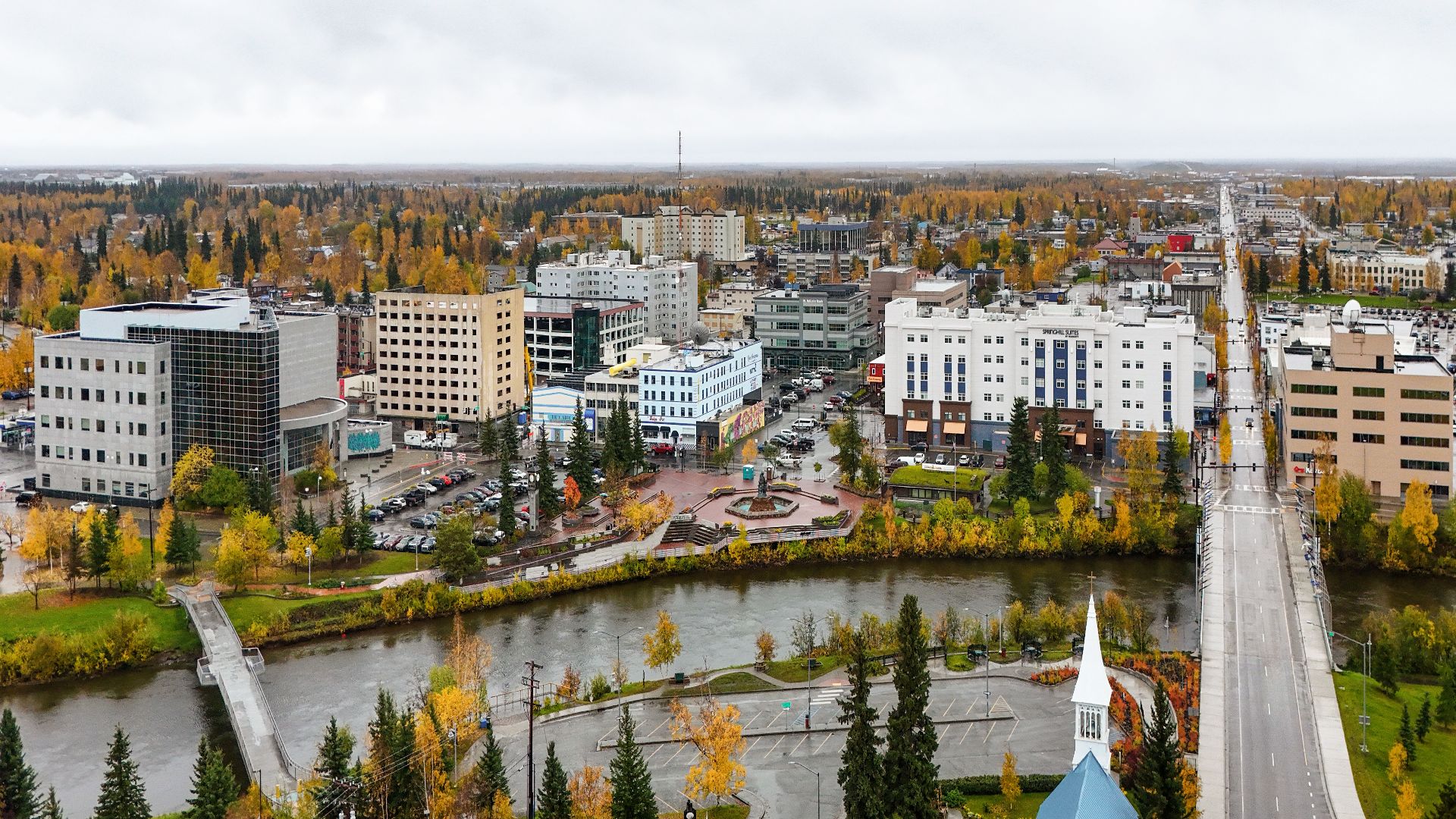 Aerial view of the downtown Fairbanks, Alaska skyline (pop. 32,515).