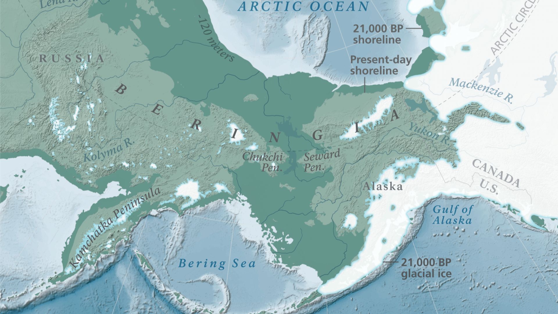 This map, published by the U.S. National Park Service, illustrates the hypothetical land bridge thought to have existed between Asia and North America circa 21,000 years before present, during the Last Glacial Maximum.