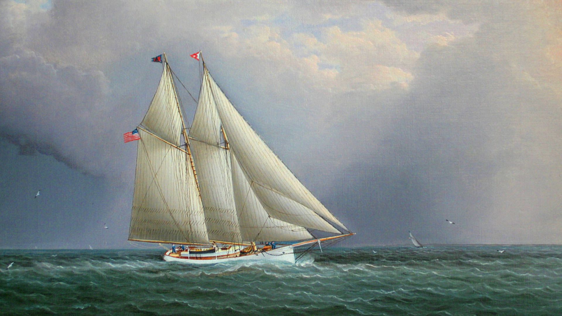 Schooner Agnes of the Atlantic Yacht Club , built in 1871 by Cornelius & Richard Poillon in their Greenpoint, Brooklyn hometown yard, designed by William Townsend. Shown under the command of her owner, Commodore Latham Avery Fish.