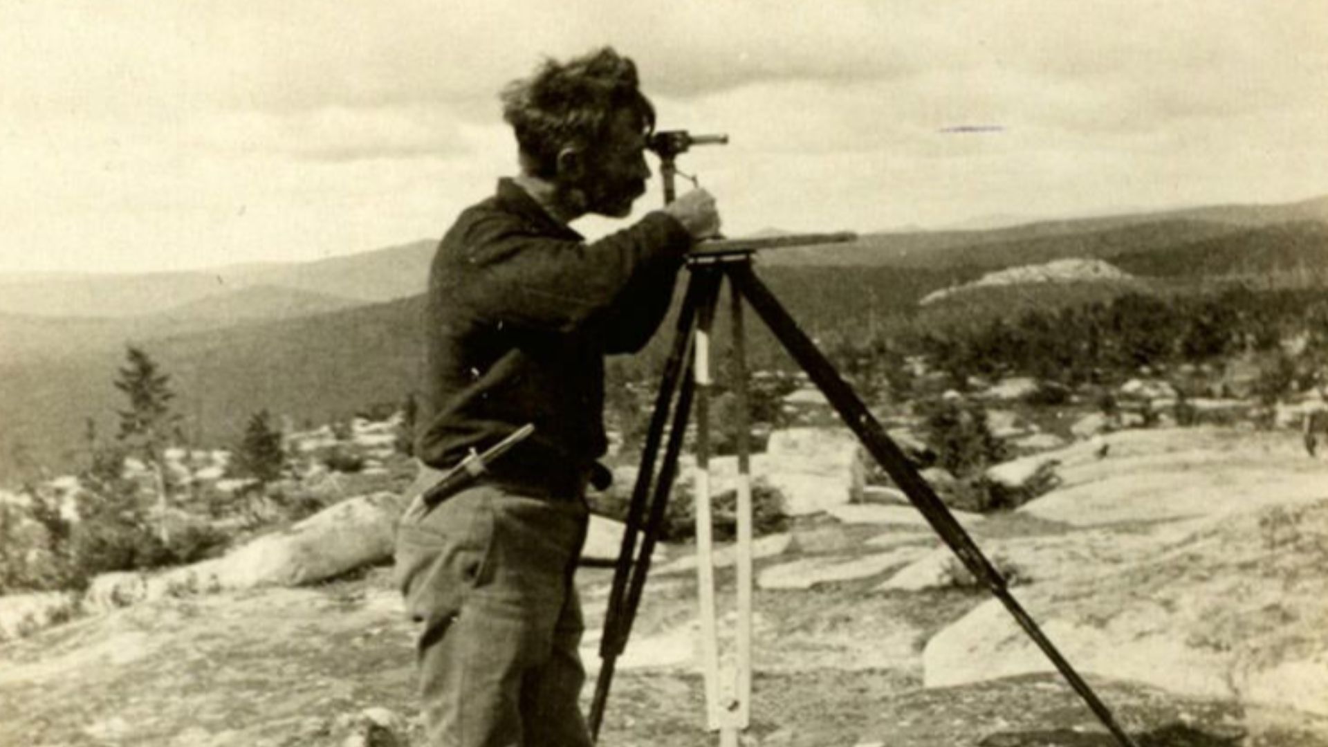 William Francis Ganong surveying. Chiefs Mountain, Northumberland County, New Brunswick