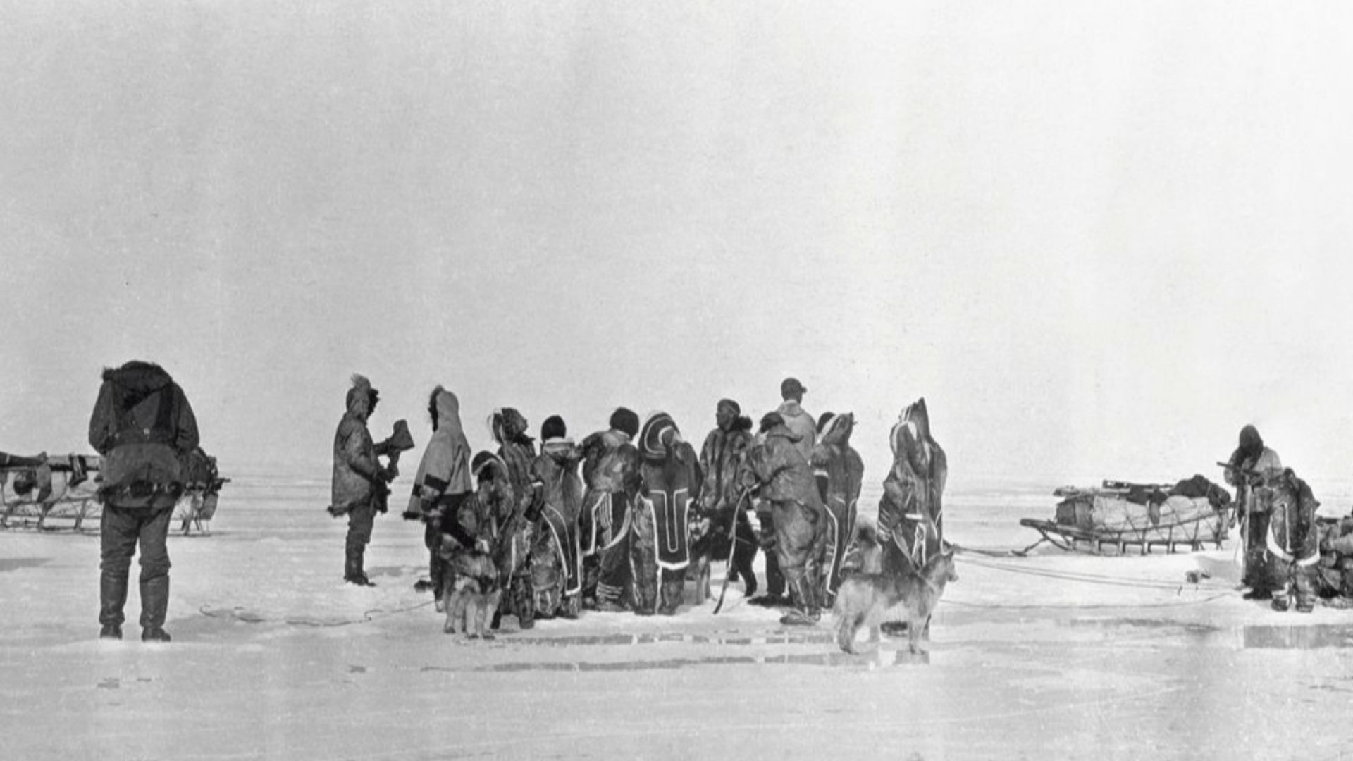 Group of Inuit on the sea ice at Cape Barrow, standing watching CAE men and their sleds, Coronation Gulf, N.W.T. (Nunavut).
