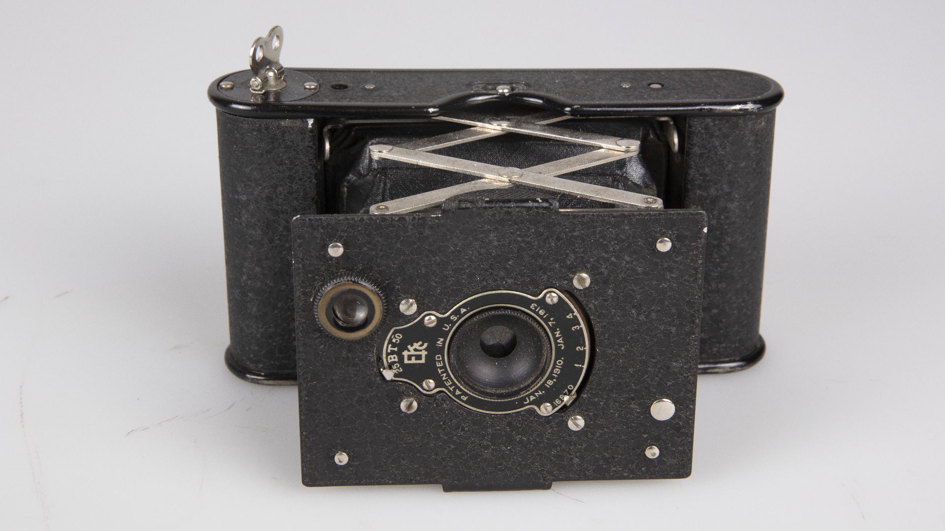 This black Eastman Kodak Vest Pocket Autographic camera was owned by Charles A. Lindbergh in the early to mid 1920s prior to his transatlantic flight in May 1927. The camera was manufactured between 1919-1926, based upon the crackle-type black paint, whic