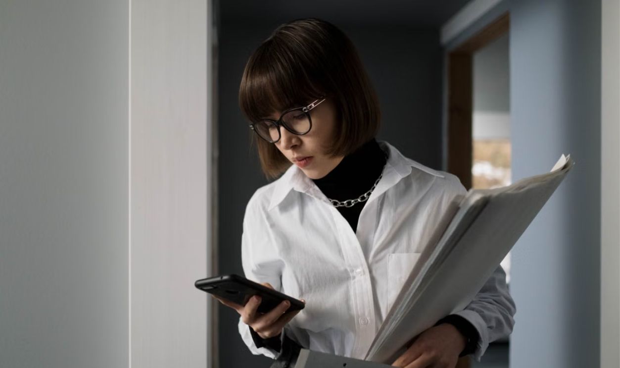 Young woman with eyeglasses, holding documents, checking smartphone indoors.
