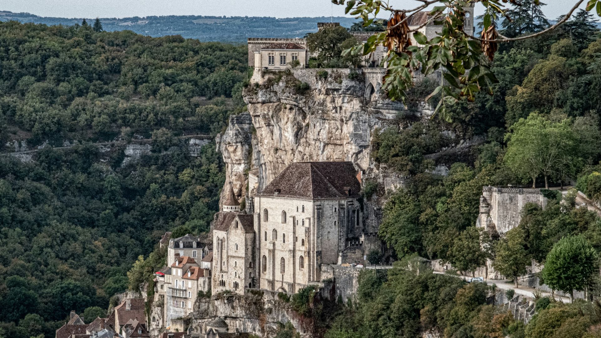 The medieval village of Rocamadour built into a limestone cliff in France