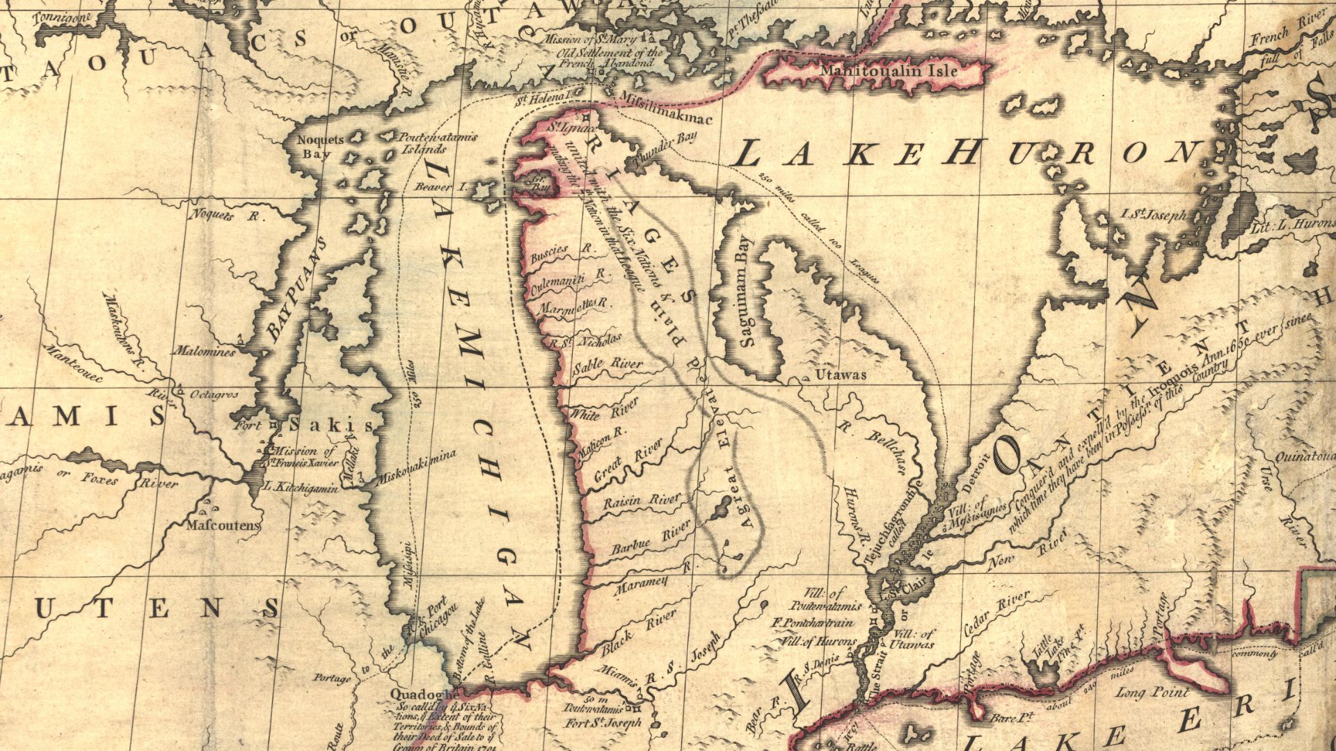 Excerpt from the Mitchell Map, a circa 1757 map of the United States by botanist and cartographer John Mitchell, centered on the Lower Peninsula of Michigan. The inaccuracy of this map is one of the factors that led to the Toledo War of 1835-1836.
