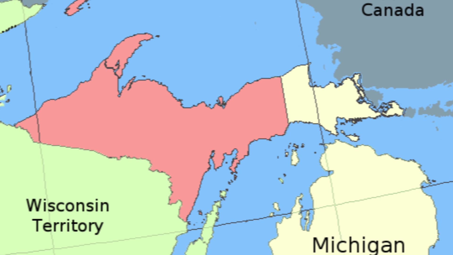 Modified from Upper Peninsula picture. GNU Public. Shows the territory traded from Wisconsin Territory to Michigan as a result of the en:Toledo War. Used pics from en:Upper Peninsula of Michigan, and source of http://www.sos.state.mi.us/history/museum/exp