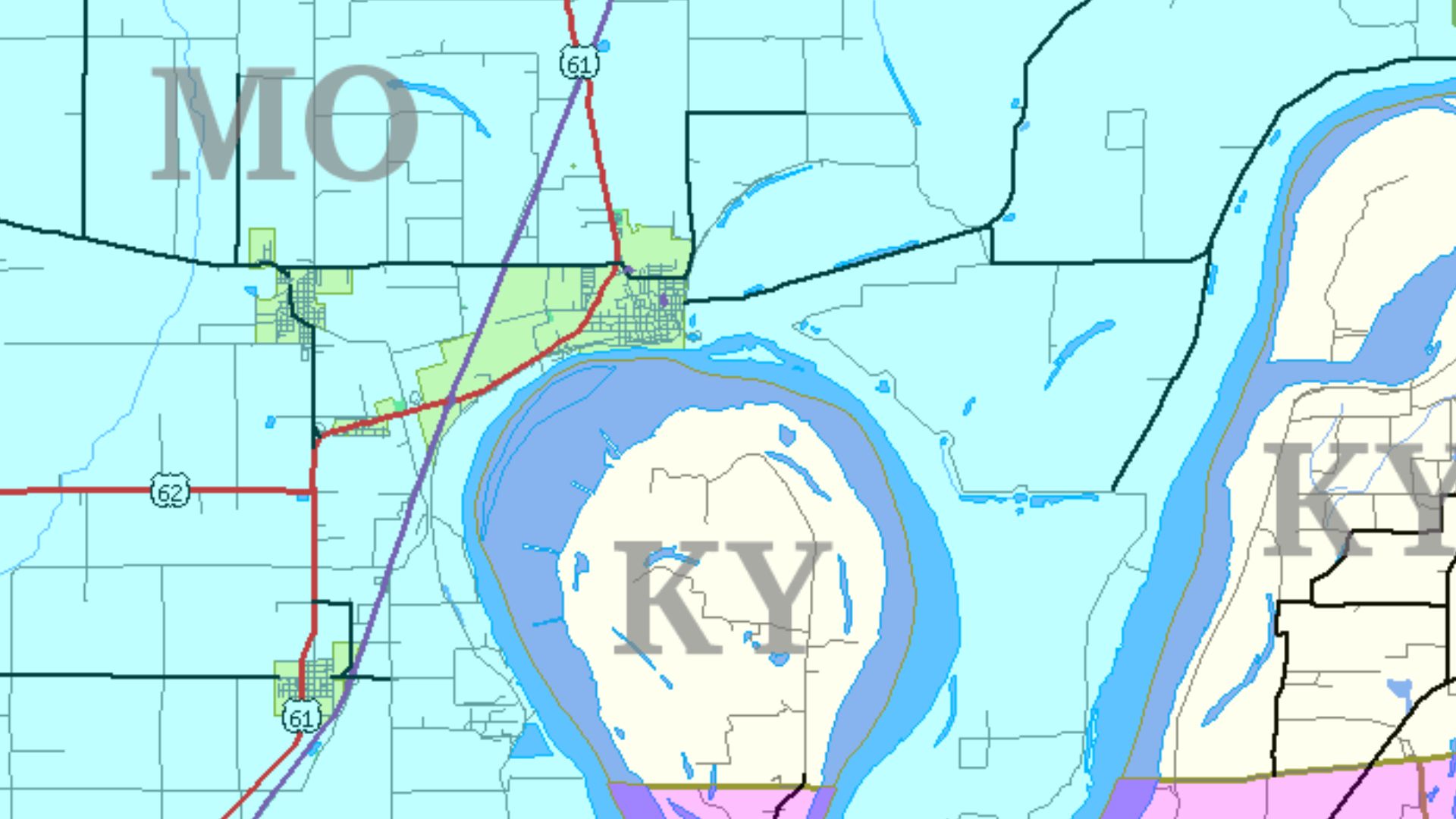 Map of Kentucky Bend exclave between Missouri and Tennessee, USA.