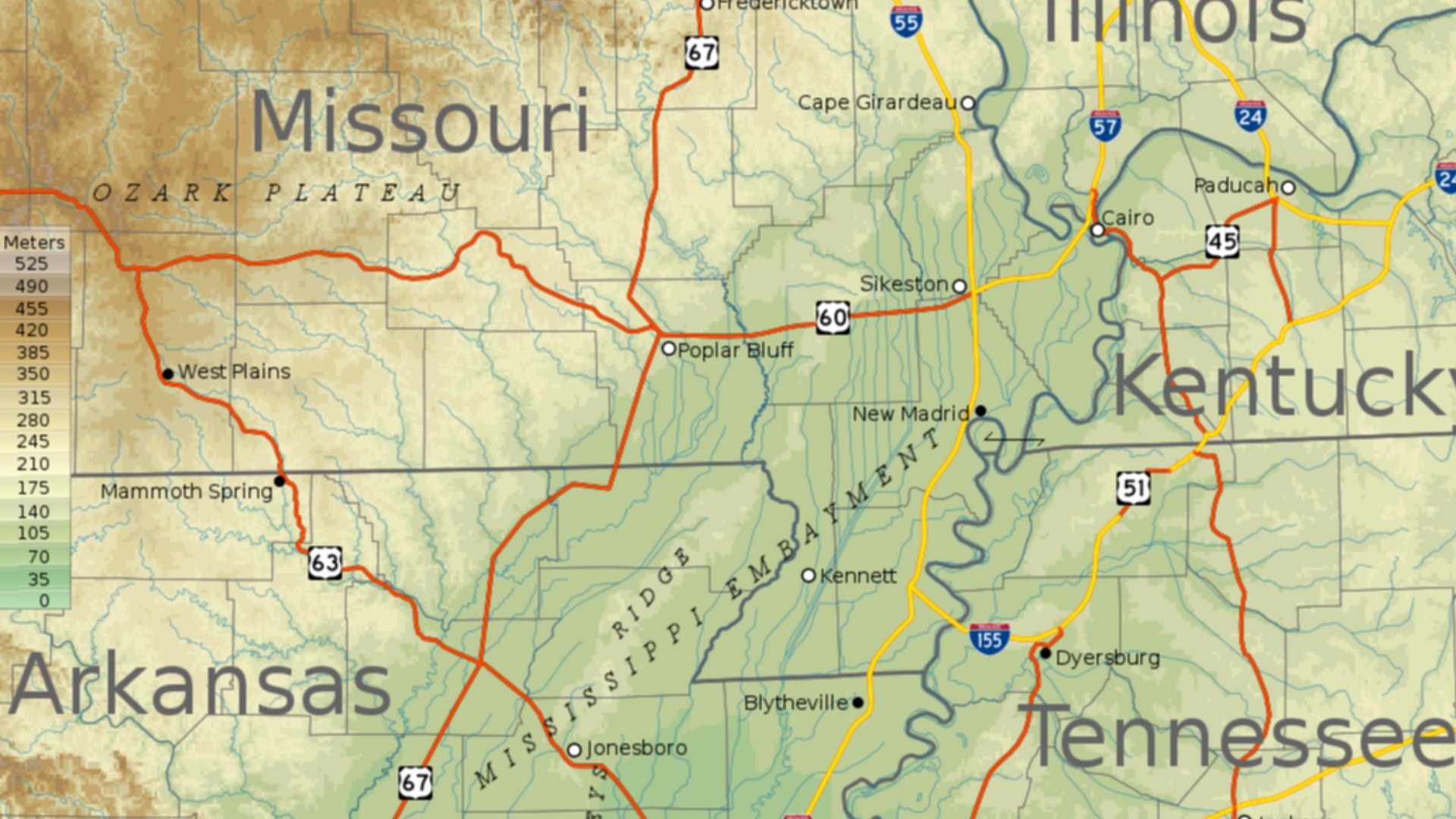 Topographic map of the Bootheel region of Missouri and the surrounding areas of Missouri and neighboring states. Created from public domain data from the National Atlas of the U.S., and incorporating public domain highway shields from Wikimedia Commons.
