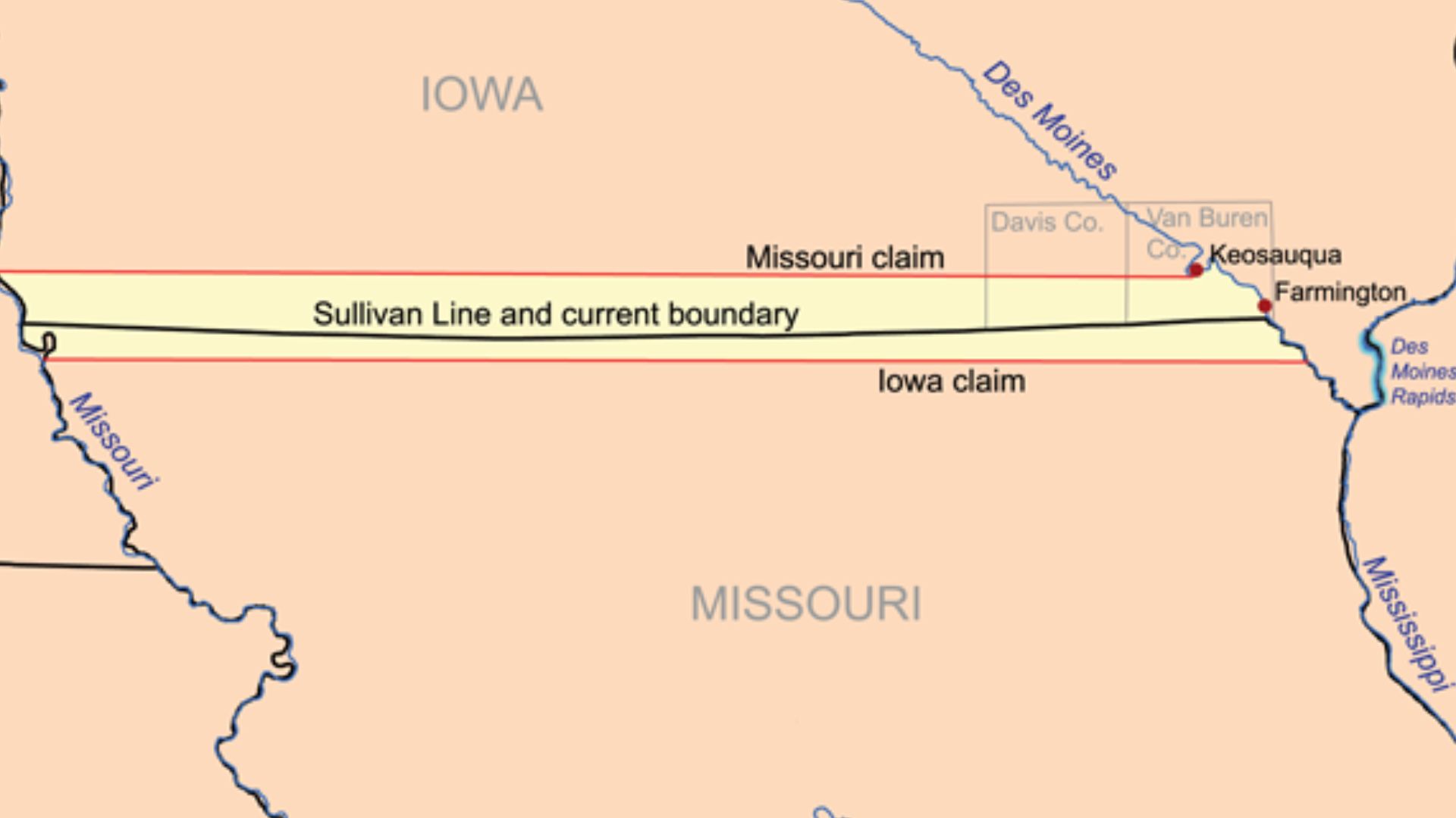 The maps shows the lands disputed in the Honey War between Missouri and Iowa.  It is based on the text of the court decision settling the dispute. [1]